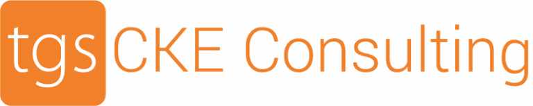Logo with an orange square containing the white lowercase letters "tgs" next to the words "CKE Consulting" in orange text on a light background.